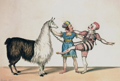 Grimaldi and the Alpaca, in the Popular Pantomime of the Red Dwarf, pub. 1813 in London by John Norman